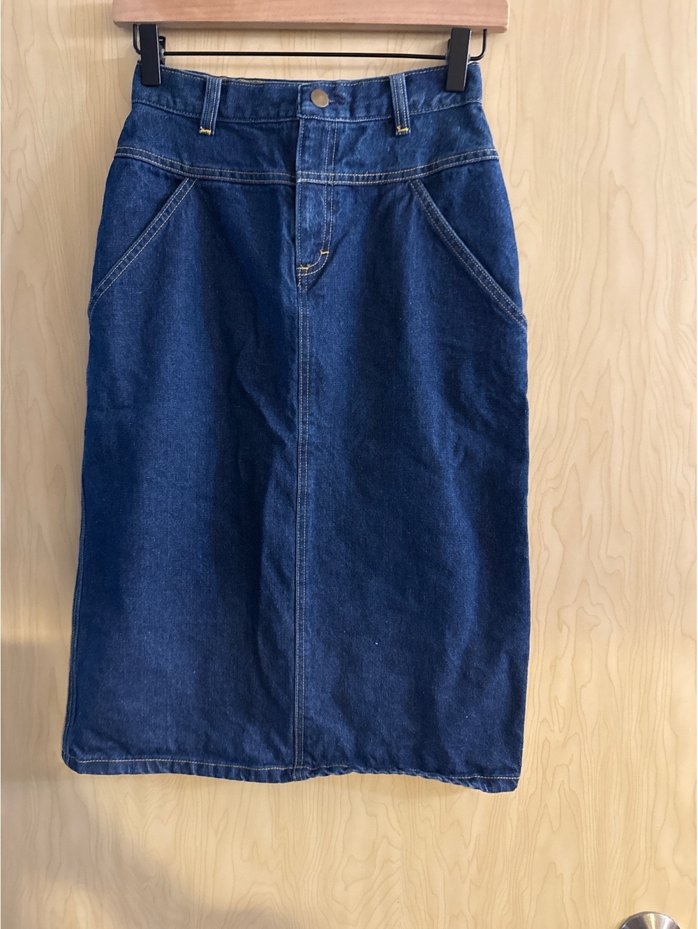 1980s denim midi skirt dark wash high waisted size 2
